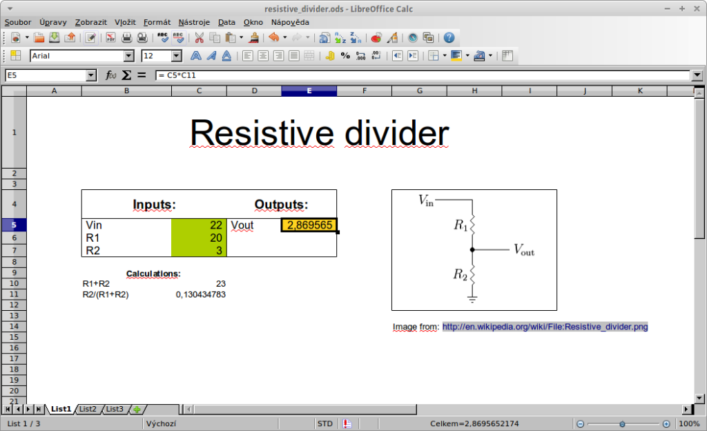 Resistive divider spreadsheet